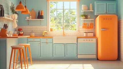 3D cartoon open kitchen and dining room interior design