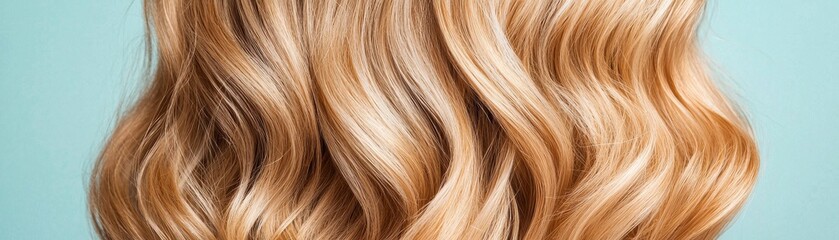 Naklejka premium Beautiful Wavy Long Hair Texture with Soft Highlights on Pastel Blue Background for Haircare and Fashion Themes