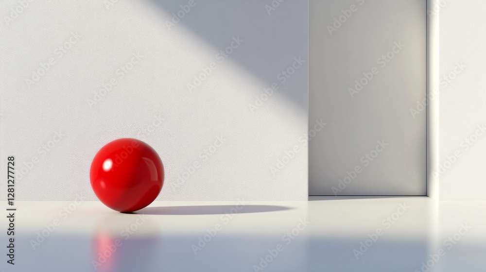 Poster In a minimalist room bathed in soft light, a vibrant red sphere sits on a bright surface. The open door hints at exploration beyond the stillness, creating a contrast of colors and possibilities