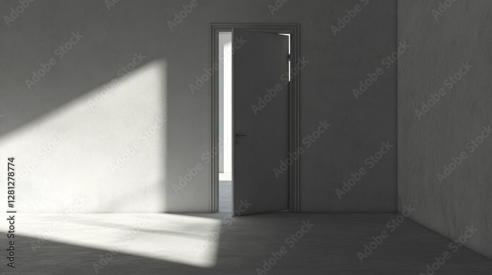Poster An open door stands invitingly in a stark white room. Soft light filters in, creating gentle shadows on the floor, inviting curiosity and potential discovery within the simple space
