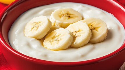 Banana slices in yogurt bowl, close-up healthy snack, breakfast concept, blurred cloth backdrop