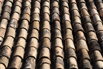 A close-up of an aged terracotta tiled roof, showing weathered textures, earthy tones, and natural patterns formed by time, evoking rustic charm and architectural history