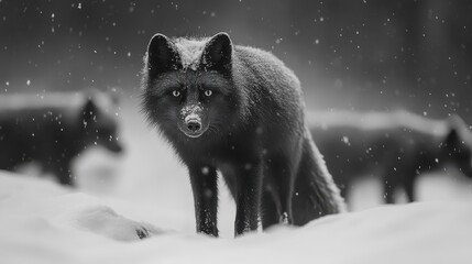 Naklejka premium Black Fox In Snowy Winter Wonderland