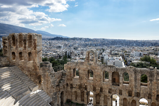 Remains of ancient walls in the antique odeon of Herodes Atticus in Athens