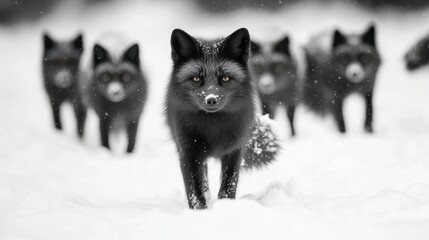 Fototapeta premium Black Foxes Walking Through Winter Snow