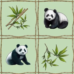 Seamless Pattern Grid with Bamboo and Panda on Pastel Green Background