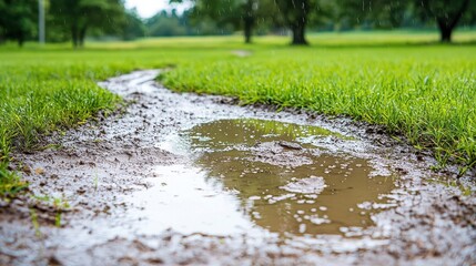 Fototapeta premium A fresh glimmering puddle nestled in soft green grass inviting nature enthusiasts to explore the outdoors