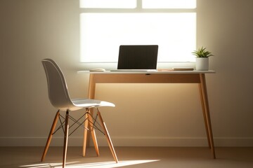 modern sleek home office setup with laptop minimalistic desk and comfy chair in well-lit room