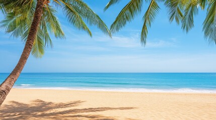 A peaceful beach with white sand, palm trees,  clear blue sky. Gentle waves lapping at the shore, coconut tree shadows on the sand, creating a serene summer atmosphere perfect for relaxatio sunbathing
