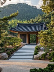 Obraz premium A Korean Gate and Pathway Through a Beautiful Forest