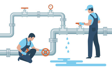 Plumbers shut off valves and repair a leaking water pipe. Concept of professional occupation