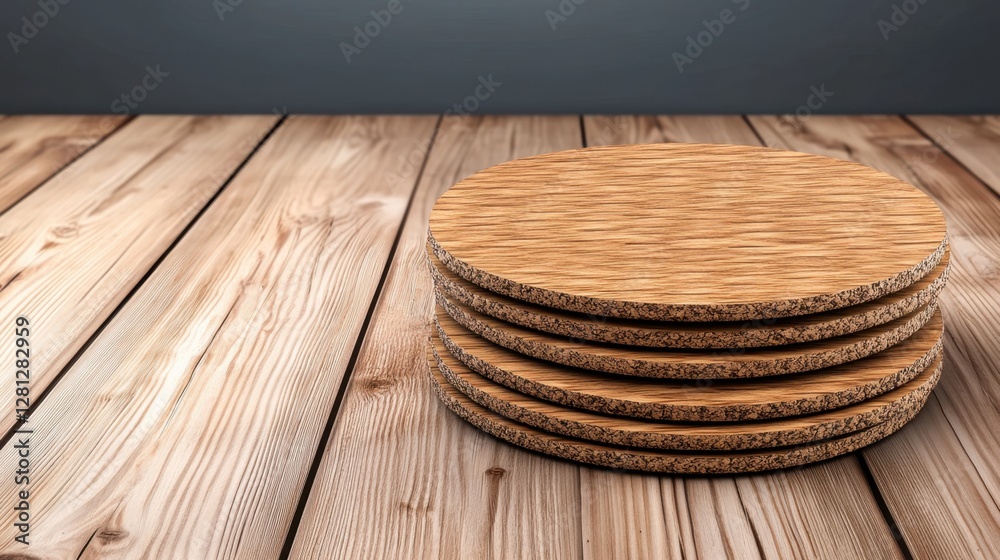 Wall mural Stack of light brown round coasters on a wooden surface against a gray background. Simple product display, neutral tones