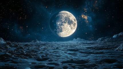 Full moon rising over a desolate, cratered lunar landscape under a starry night sky.