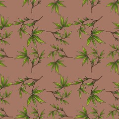 Obraz premium Seamless Pattern Leaves Bamboo Small Design on Mocha Mousse Background
