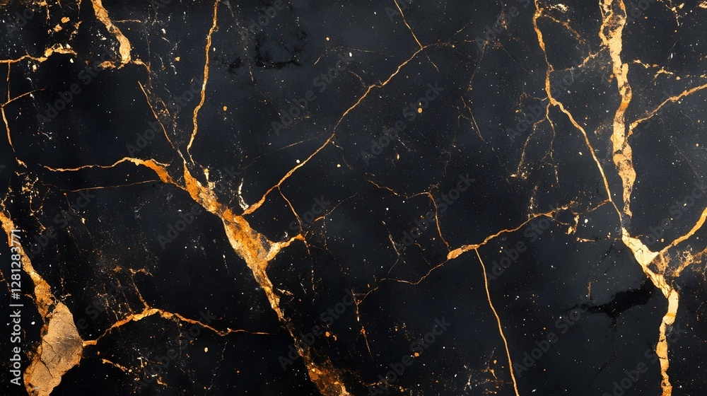 Aufkleber elegant and dramatic cracked marble texture with golden veins on dark black background luxurious and