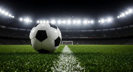 Obraz premium Soccer Ball on the Field at Night with Stadium Lights Shining