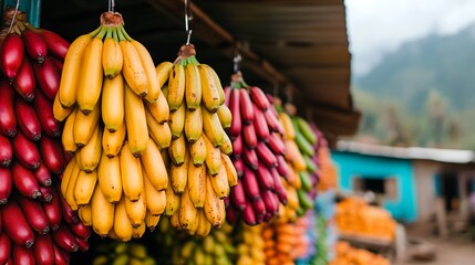 Bananas Hanging at Market Stall; Mountain Village Background. Sale, groceries, commerce use