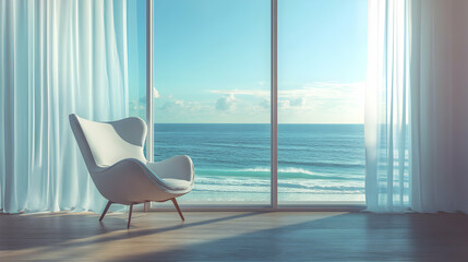 A serene interior view with a modern chair overlooking the ocean horizon through a window