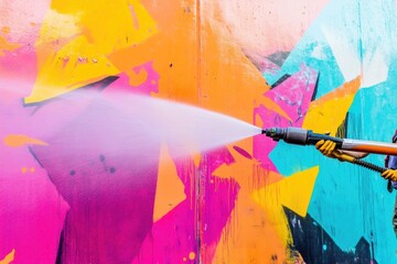 Fototapeta premium vibrant city mural being cleaned by worker with pressure washer creating splashes of water and wide copy space