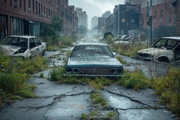 Post-apocalyptic urban landscape featuring abandoned and damaged cars overgrown with greenery on a deserted city street, evoking a sense of decay and desolation.