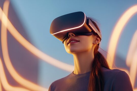 young woman immersed in virtual reality wearing sleek vr headset surrounded by futuristic digital landscape with glowing