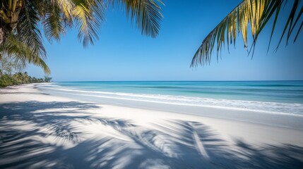 A peaceful beach with white sand, palm trees,  clear blue sky. Gentle waves lapping at the shore, coconut tree shadows on the sand, creating a serene summer atmosphere perfect for relaxatio sunbathing