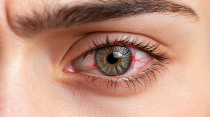 Obraz premium A close-up of an eye displaying intricate details, including a mix of green and grey hues, with prominent eyelashes and slight redness around the iris.