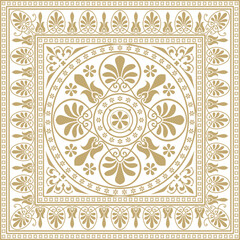 Vector golden classic Greek square ornament. Rectangle of Ancient Greece and Roman Empire. Byzantine painting of walls, floors and ceilings. Decoration of European palaces.
