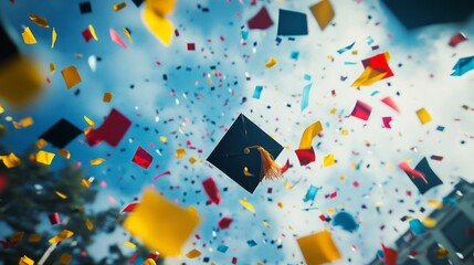 Graduates joyfully toss their caps into the sky as vibrant confetti swirls all around, embodying the spirit of celebration and accomplishment beneath a clear blue sky