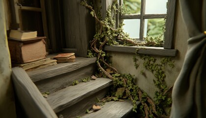 Obraz premium Rustic Wooden Staircase with Overgrown Ivy and Old Books