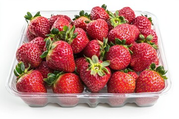 Fresh, ripe strawberries filling a clear plastic container, ideal for healthy snacking and dessert recipes, showcasing vibrant red color and green stems against a white background.