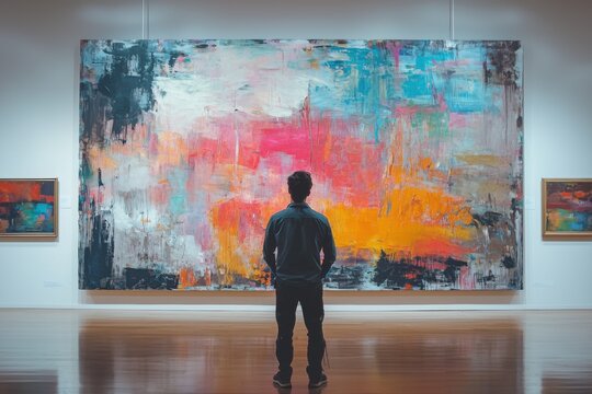 A man stands in an art gallery, captivated by the vibrant abstract painting on display in the spacious, reflective museum hall, enjoying the art.