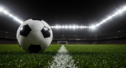 Fototapeta premium Soccer Ball on Grass with Stadium Lights Shining Bright at Night