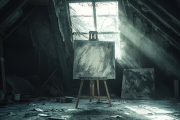 An eerie scene of an abandoned attic studio with sunlight streaming through a window, illuminating an easel and unfinished paintings in a desolate setting.