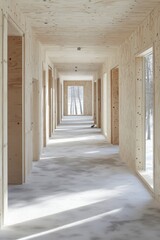 Minimalist Plywood Interior Corridor with Natural Light and Winter View Creating a Serene and Modern Architectural Space with Clean Lines and Bright Ambiance