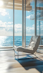 Ocean view from luxurious home interior, featuring a modern chair by the expansive window