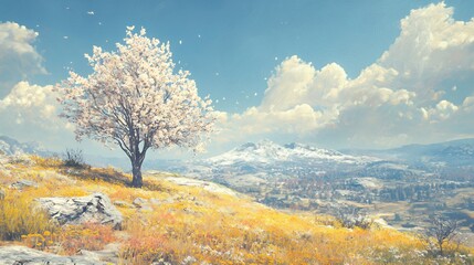 Fototapeta premium Solitary White Blossom Tree on a Yellow Hillside Mountain Landscape
