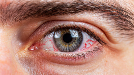 Close-up of a human eye showing intricate details, including a colorful iris and visible blood vessels along the sclera.