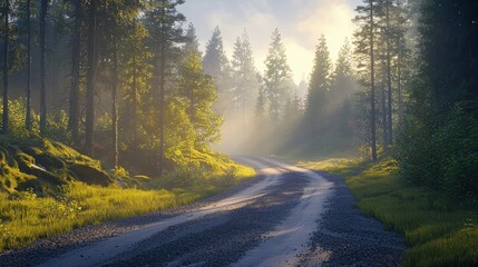 Fototapeta premium Rustic dirt road nestled in the heart of a dense forest, inviting adventure and exploration of nature