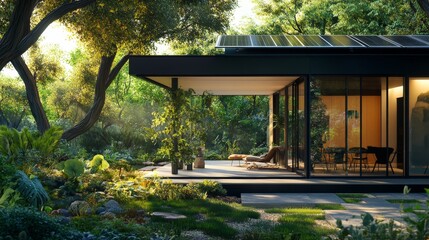 Modern Eco-Friendly House Surrounded by Lush Greenery in the Early Morning Light, Showcasing Sustainable Architecture and Nature Integration