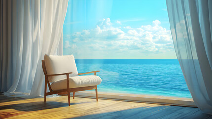 Fototapeta premium Serene ocean view from a luxurious room featuring modern armchair and flowing curtains