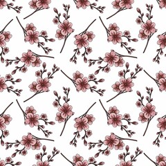 Scattered Sakura Flowers in Delicate Decorative Seamless Pattern Small Design on White Background