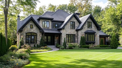 Beautiful Stone House Surrounded by Lush Greenery in Bright Afternoon Light Showcasing Elegant Architecture and Landscaping Details
