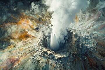 Aerial view of a geothermal area with a geyser erupting, showcasing the earth's raw power and the colorful mineral deposits in a volcanic landscape.