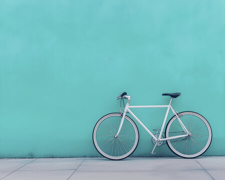 white bicycle leaning against vibrant blue wall, creating serene atmosphere