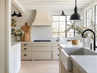 A detailed description of a home kitchen with white tile