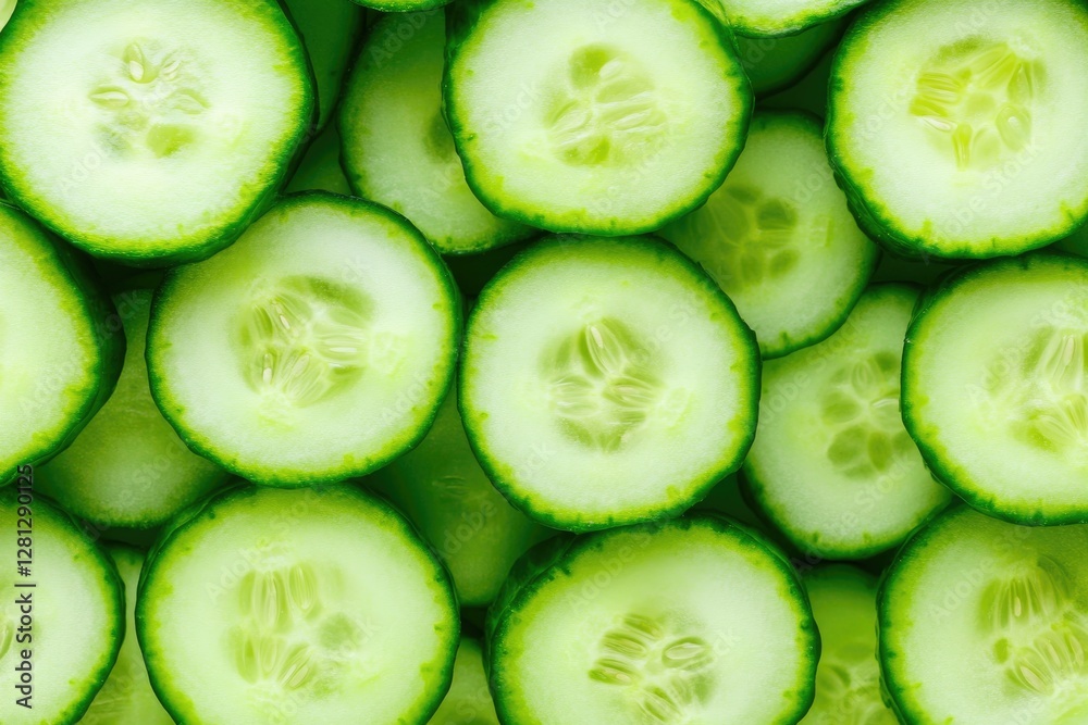 Poster bold close-up of sliced cucumbers arranged in stacked pattern surrounded by soft reflections and amp