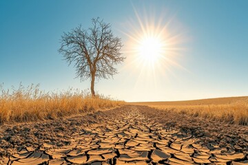 A stark depiction of drought with cracked earth and a bare tree beneath a bright sun, illustrating the severity of climate change impact.