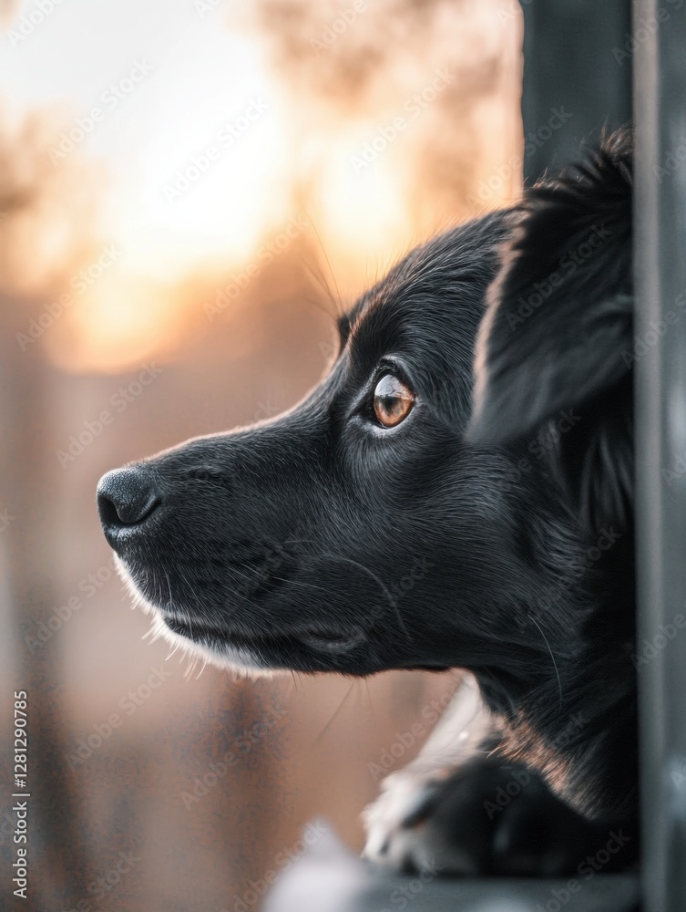 Leinwandbilder black dog looking out with curiosity at sunset while resting its head on a ledge by a window. genera