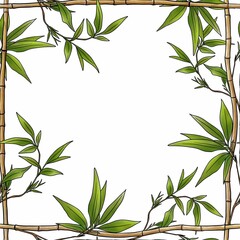 Seamless Pattern Bamboo Frame with Green Leaves Big Design on White Background
